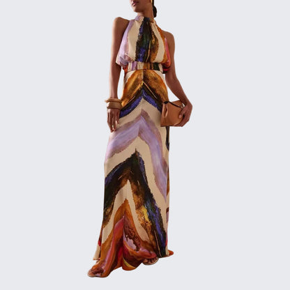 🍒Womens sleeveless printed maxi dress occasion wear fashion holiday wear multi colour outfit for summer fitted waist clothing Chevron Chic