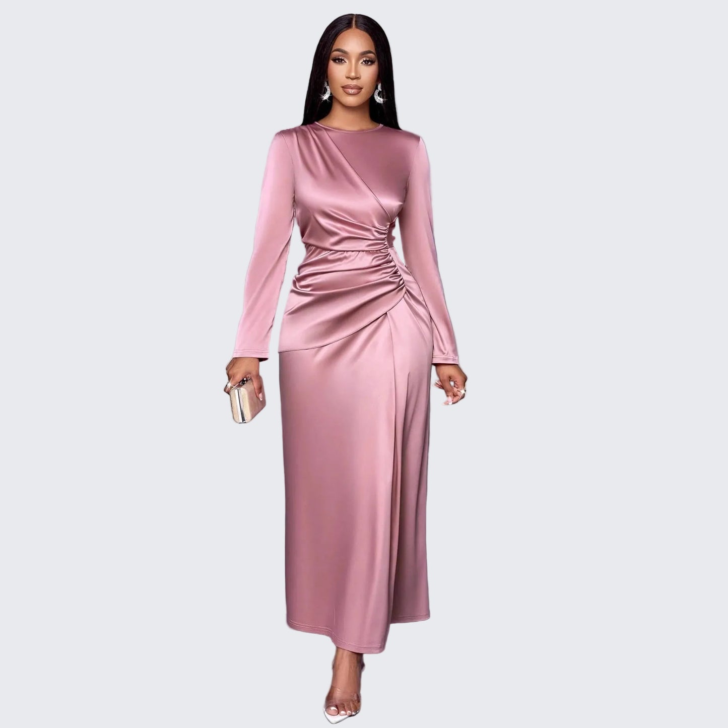 🍒Premium satin dress for occasion women wear fashion fitted evening wear a-symmetric outfit long sleeve Slide Into Silky