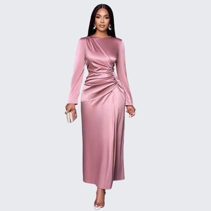 🍒Premium satin dress for occasion women wear fashion fitted evening wear a-symmetric outfit long sleeve Slide Into Silky