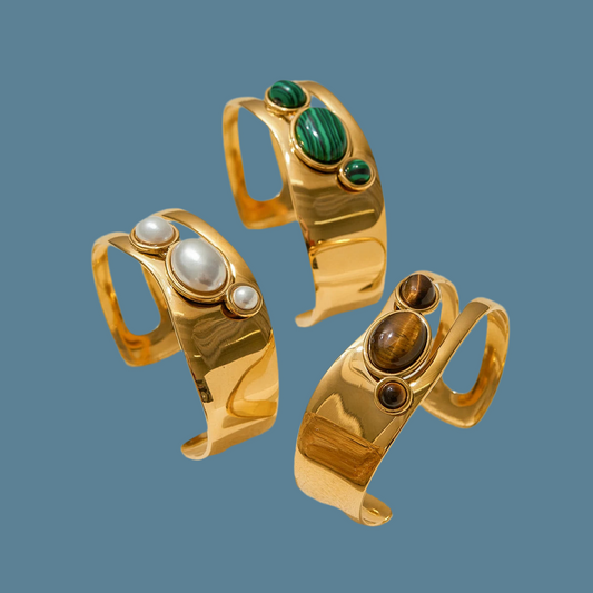 🍒stainless steel gold plated bracelet vintage18k gold colour plated stainless steel and natural stone jewellery smooth hollow bracelet women's accessories A Gem Of A Bangle