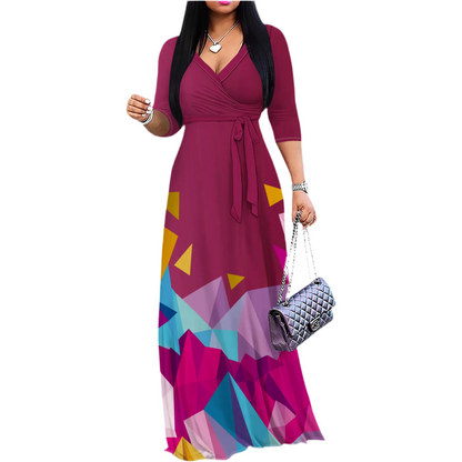🍒Women's geo print maxi dress for beach party outfit with v- neckline tie waist and pockets casual 3 /4 Sleeve V-Neck Wrap tie waist long dress Trusty Toss-on Triangles