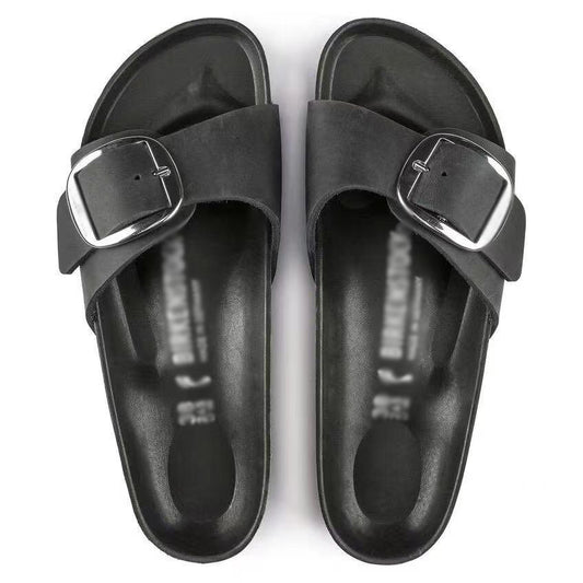 🍒Womens genuine Leather Flat Sandals buckle sliders genuine cow hide slip ons quality summer sandals  Holiday Vibe Slide
