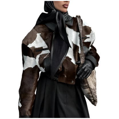 🍒Women's cow print Jacket with lapel collar short zipper coat for smart casual female outerwear  Warm    Milk (it) A Cow