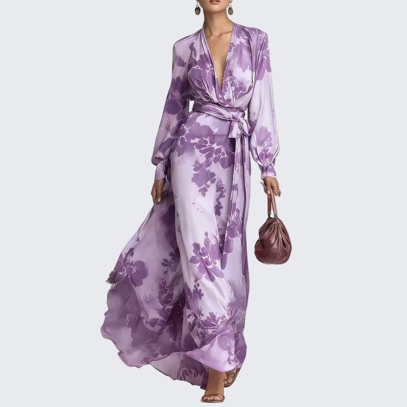🍒Floral Print Chiffon dress long sleeve maxi dress for occasion wear with v-neck puff sleeve outfits holiday wear women Don’t be a FOOL grab this RASPBERRY soon