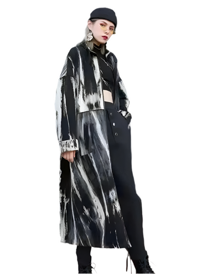 🍒Tie dye trench coat with stand up collar big size long outerwear long sleeve loose fit windbreaker fashion spring autumn wear Get the R'white Black This Season
