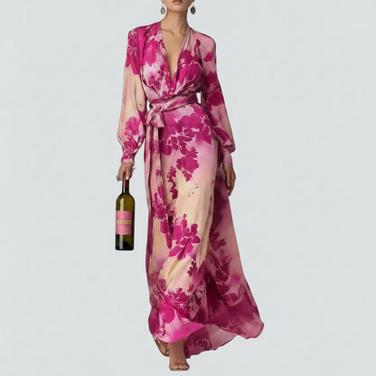 🍒Floral Print Chiffon dress long sleeve maxi dress for occasion wear with v-neck puff sleeve outfits holiday wear women Don’t be a FOOL grab this RASPBERRY soon