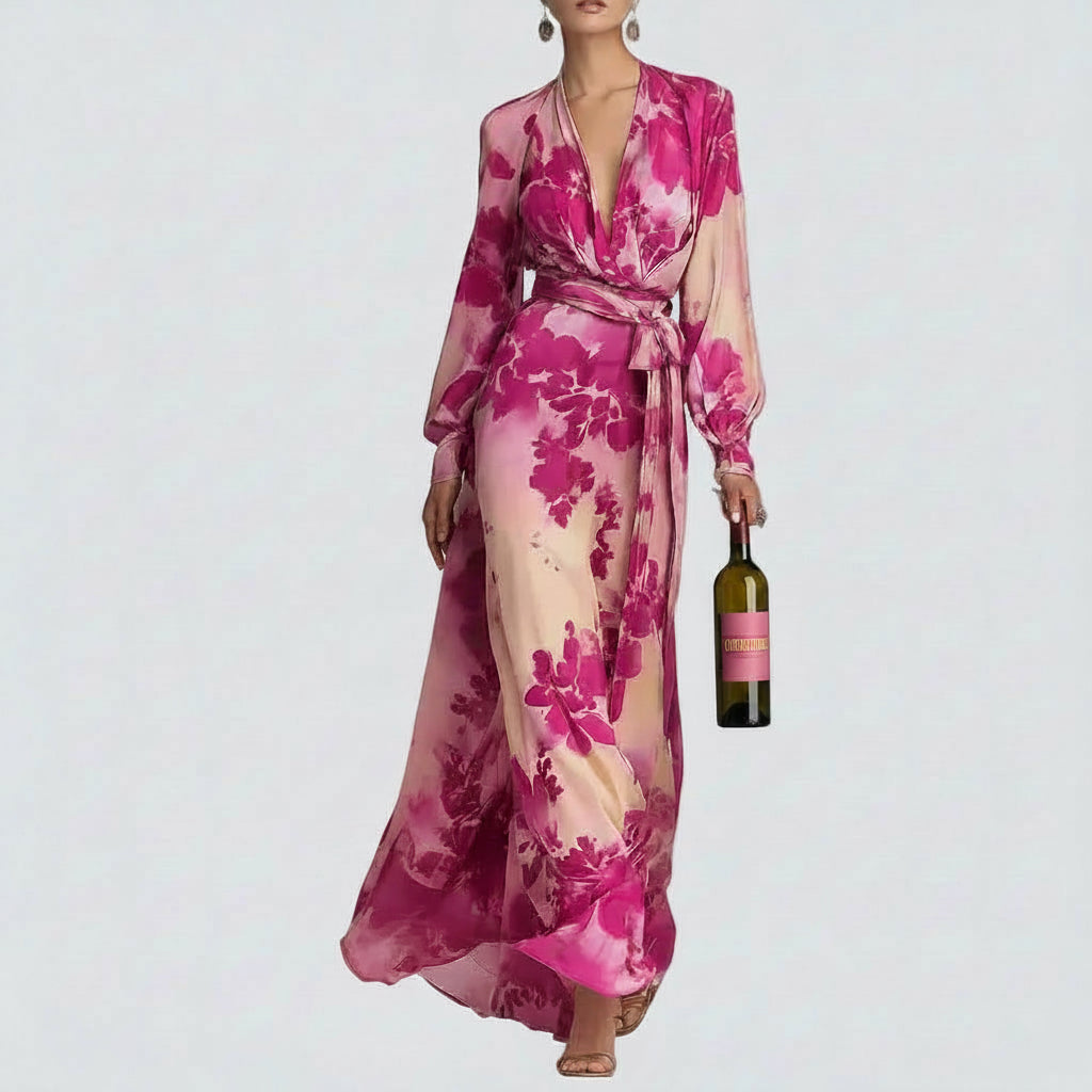 🍒Floral Print Chiffon dress long sleeve maxi dress for occasion wear with v-neck puff sleeve outfits holiday wear women Don’t be a FOOL grab this RASPBERRY soon