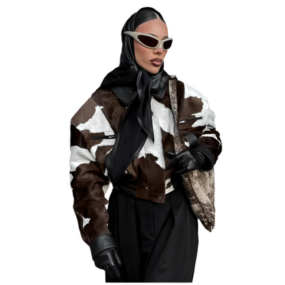 🍒Women's cow print Jacket with lapel collar short zipper coat for smart casual female outerwear  Warm    Milk (it) A Cow
