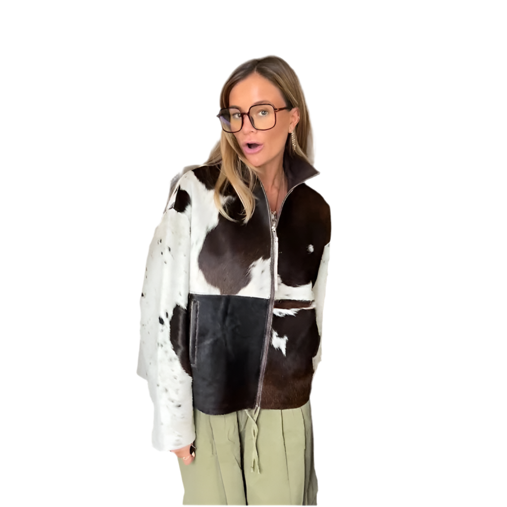 🍒Women's cow print Jacket with lapel collar short zipper coat for smart casual female outerwear  Warm    Milk (it) A Cow