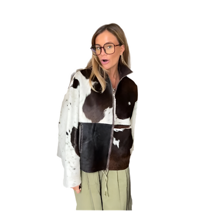 🍒Women's cow print Jacket with lapel collar short zipper coat for smart casual female outerwear  Warm    Milk (it) A Cow