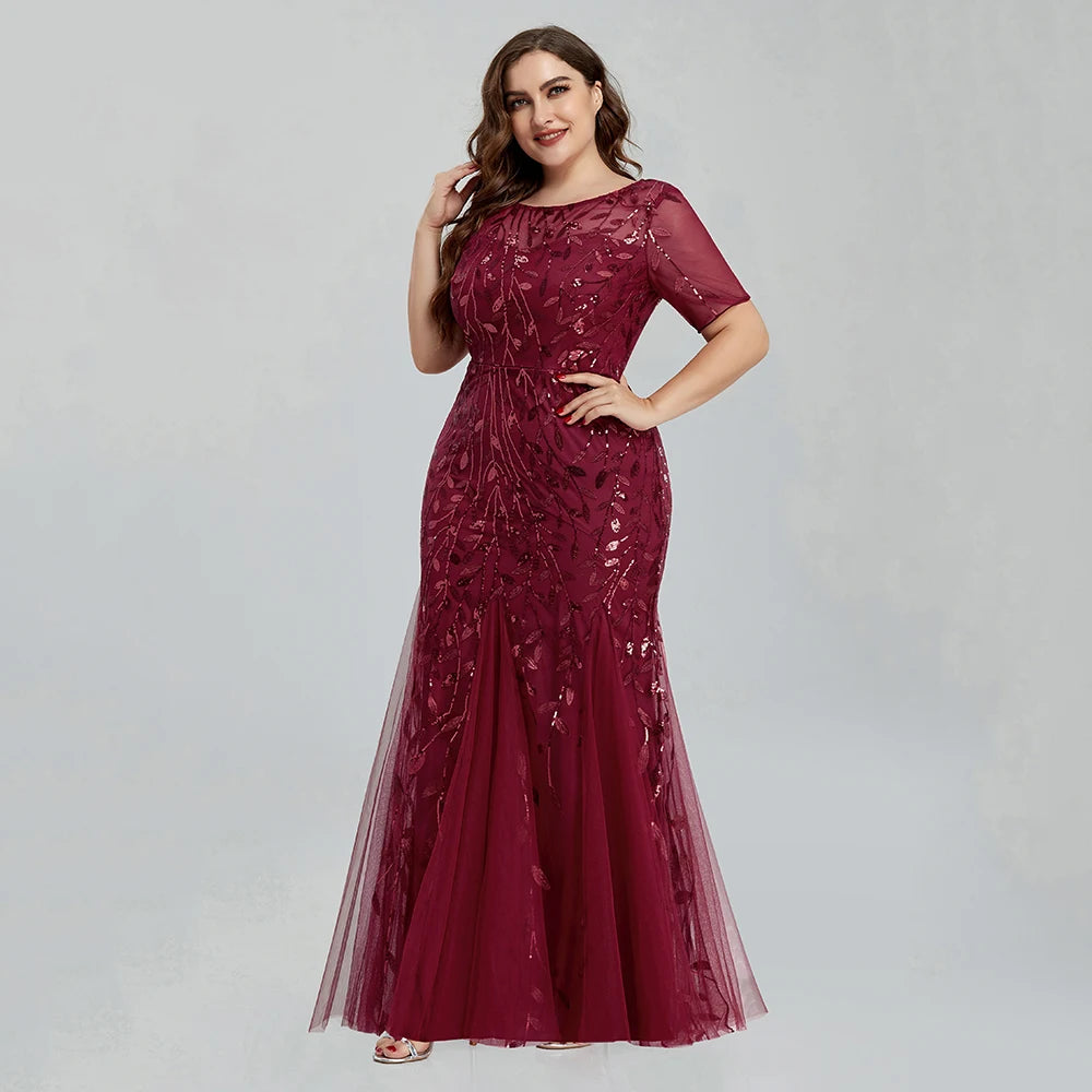 🍒Plus size sequin mesh dress mermaid evening gown beaded leaves pattern party occasion wear prom gowns short Sleeve sparkly outfits for women Fish Dish For Christmas