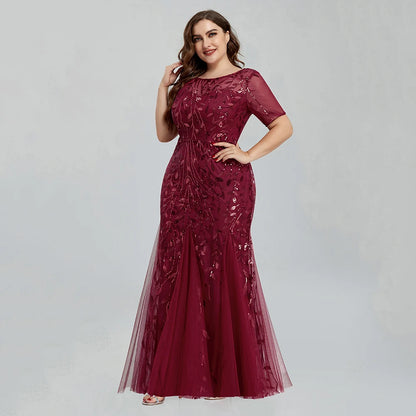 🍒Plus size sequin mesh dress mermaid evening gown beaded leaves pattern party occasion wear prom gowns short Sleeve sparkly outfits for women Fish Dish For Christmas