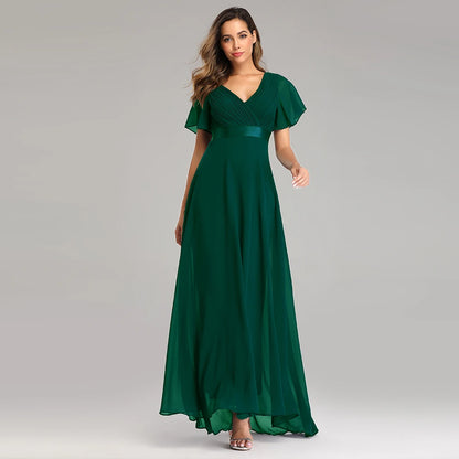 🍒Elegant evening dresses chiffon v-neck ruffle dress long gown for wedding party occasion wear outfit a-line maxi