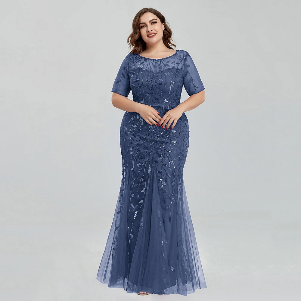 🍒Plus size sequin mesh dress mermaid evening gown beaded leaves pattern party occasion wear prom gowns short Sleeve sparkly outfits for women Fish Dish For Christmas