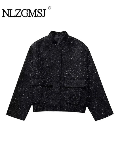 🍒Shine sequin jacket Y2k stand collar short coats for women long sleeve shiny outerwear autumn winter occassion party wear clothing Glisten In Glitz