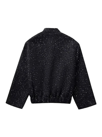 🍒Shine sequin jacket Y2k stand collar short coats for women long sleeve shiny outerwear autumn winter occassion party wear clothing Glisten In Glitz
