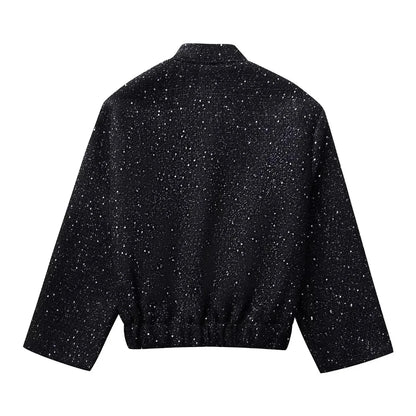 🍒Shine sequin jacket Y2k stand collar short coats for women long sleeve shiny outerwear autumn winter occassion party wear clothing Glisten In Glitz