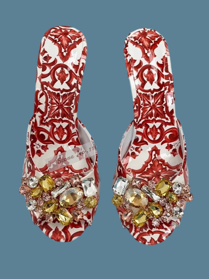 🍒Printed sandals mules floral mid heels red yellow multi-color  crystal shoes for women sandals for wedding guests gem stone embellished party slippers for women occasion footwear modern slip on pumps Pump Up Your Foowear Wardrobe