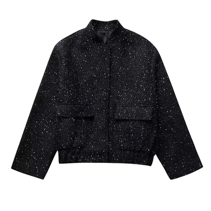 🍒Shine sequin jacket Y2k stand collar short coats for women long sleeve shiny outerwear autumn winter occassion party wear clothing Glisten In Glitz