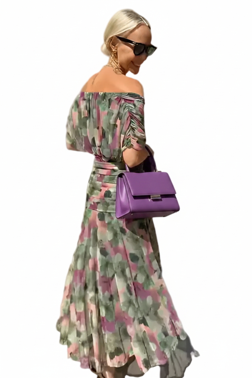 🍒Spring summer printed v-neck mesh off-shoulder dress versatile party outfits for vacation and weddings smart casual chiffon evening dress for women solid feminine clothing Off The Charts Off Shoulder