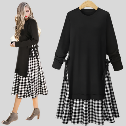 🍒Long sleeve round neck dress plaid a-line outfit midi plus size smart casual women black and white clothes  Put On Plaid-attitude