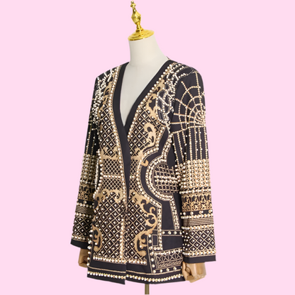 🍒Mid length coats black blazer with pearls long sleeve v- neck jacket full sleeve with with intricate embridery pearls detailing trendy classic clothes occasion clothing Celebrate Ornate