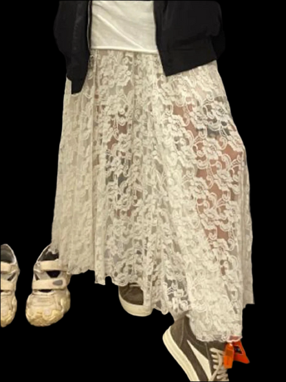 🍒Lace long skirt black elegant low waist solid colour see-through  fashion maxi smart casual clothing                        Transfomation Transparents