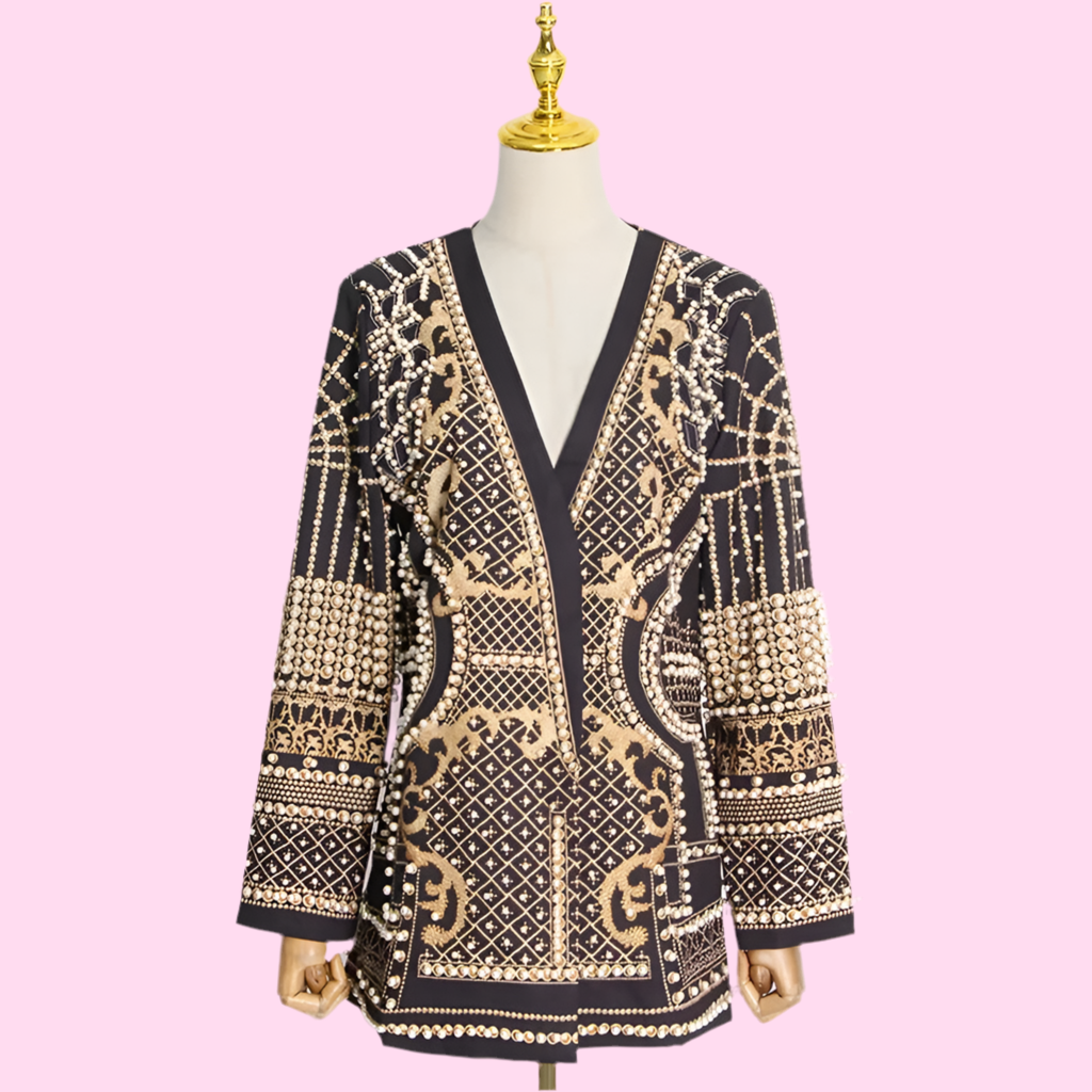 🍒Mid length coats black blazer with pearls long sleeve v- neck jacket full sleeve with with intricate embridery pearls detailing trendy classic clothes occasion clothing Celebrate Ornate