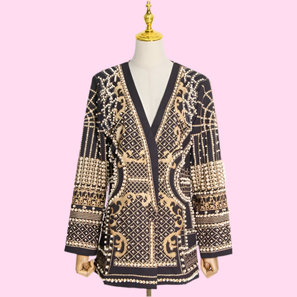 🍒Mid length coats black blazer with pearls long sleeve v- neck jacket full sleeve with with intricate embridery pearls detailing trendy classic clothes occasion clothing Celebrate Ornate