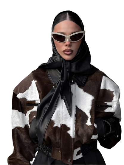 🍒Women's cow print Jacket with lapel collar short zipper coat for smart casual female outerwear  Warm    Milk (it) A Cow