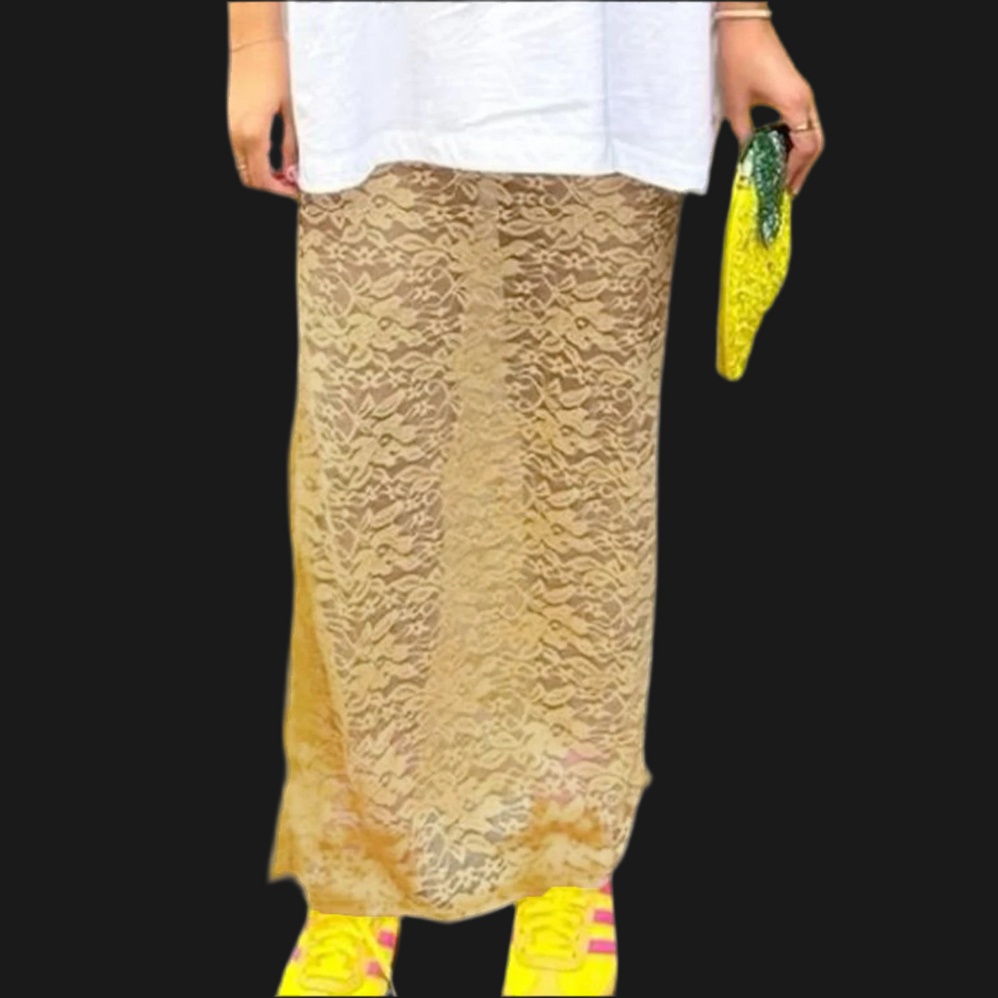 🍒Lace long skirt black elegant low waist solid colour see-through  fashion maxi smart casual clothing                        Transfomation Transparents