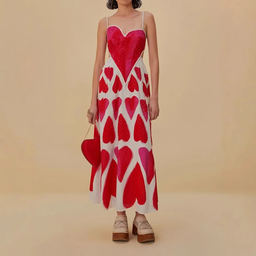 🍒Beach party maxi dress summer  fun fashion love print dress for women camisole dress backless sleeveless holiday dress smart casual wear women Sugar Up Your Fashion With A sweet Heart