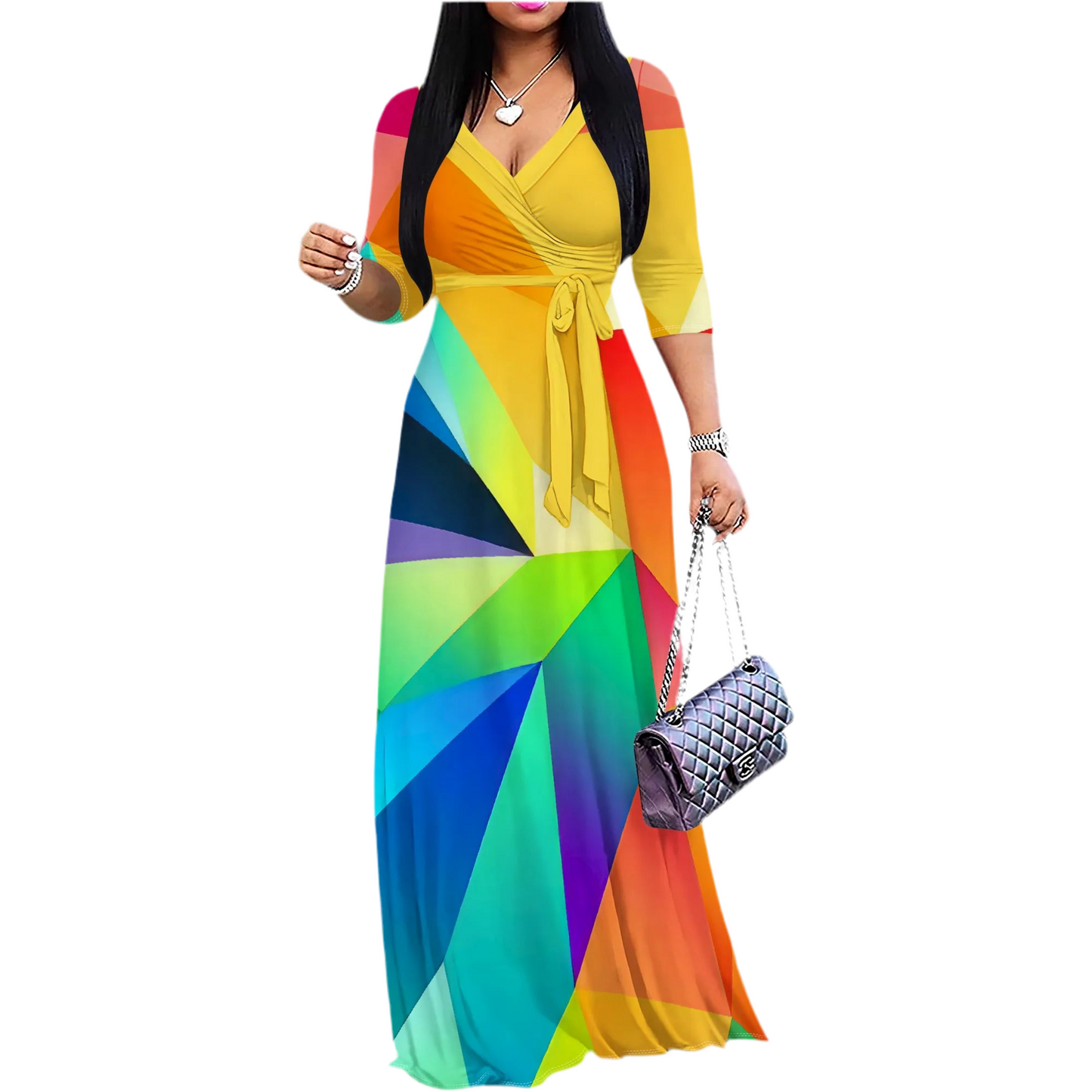 🍒Women's geo print maxi dress for beach party outfit with v- neckline tie waist and pockets casual 3 /4 Sleeve V-Neck Wrap tie waist long dress Trusty Toss-on Triangles