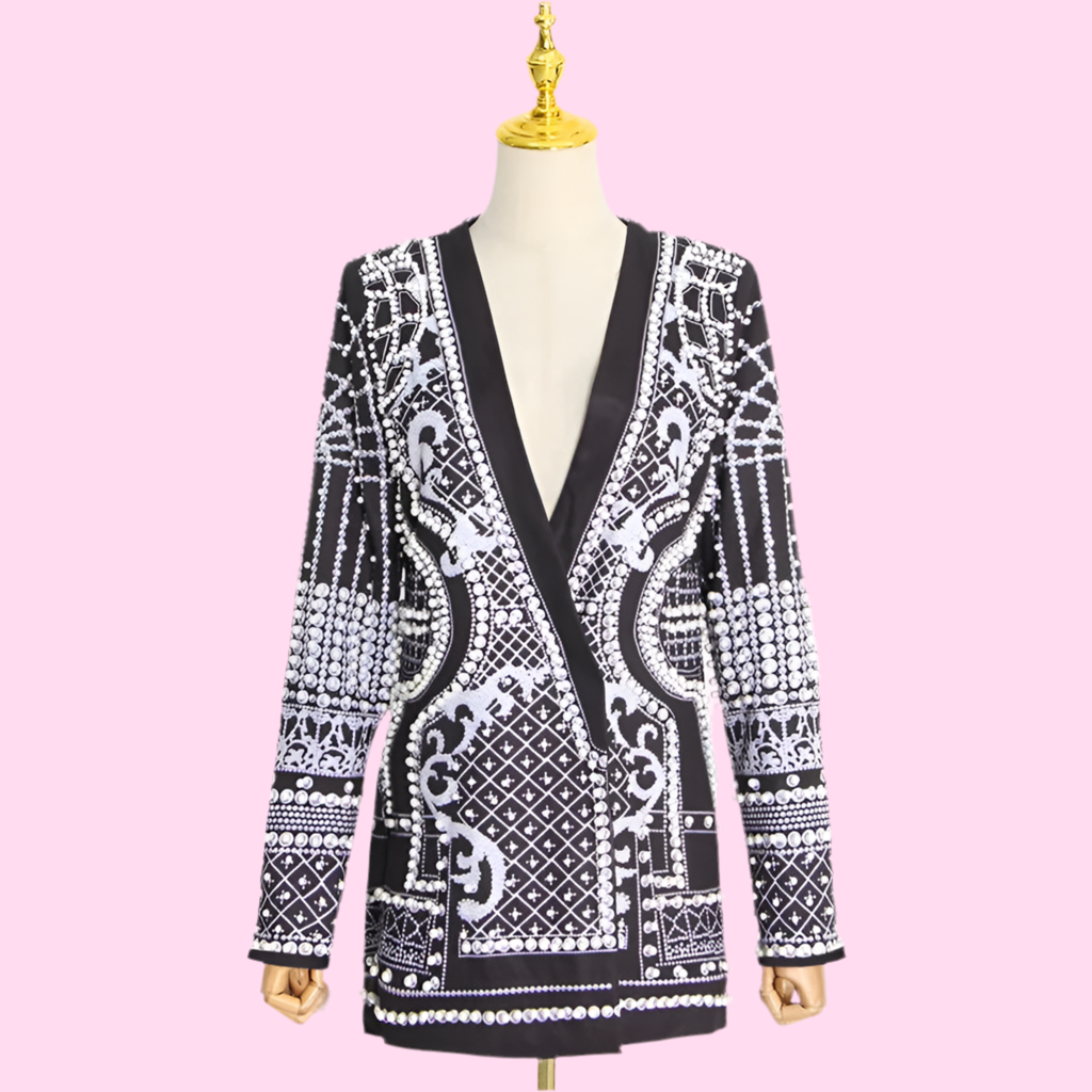 🍒Mid length coats black blazer with pearls long sleeve v- neck jacket full sleeve with with intricate embridery pearls detailing trendy classic clothes occasion clothing Celebrate Ornate