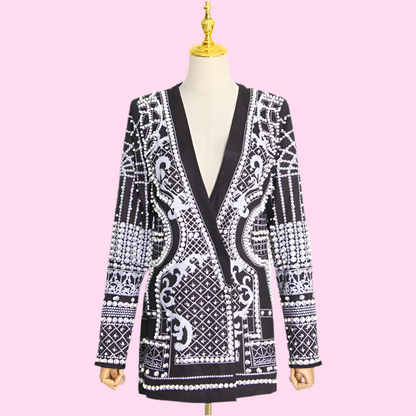 🍒Mid length coats black blazer with pearls long sleeve v- neck jacket full sleeve with with intricate embridery pearls detailing trendy classic clothes occasion clothing Celebrate Ornate
