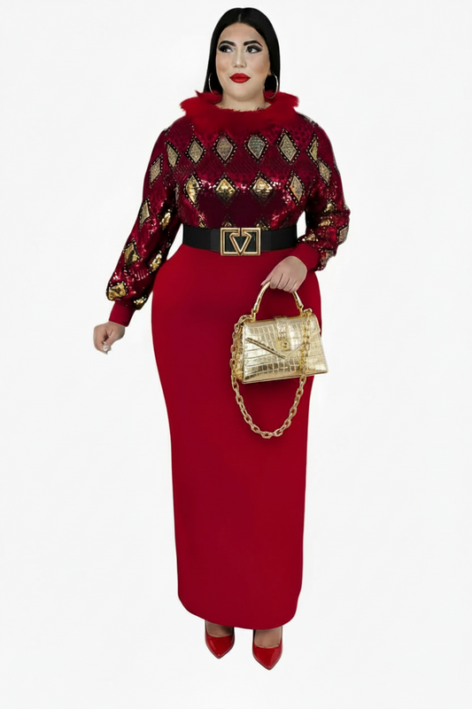 🍒Plus size women’s dresses mixed media fashion sequin front outfit bodycon solid lower skirt feather neckline long sleeve vintage maxi drress elegant occasion partywear TRI the BODYCON ANGLE