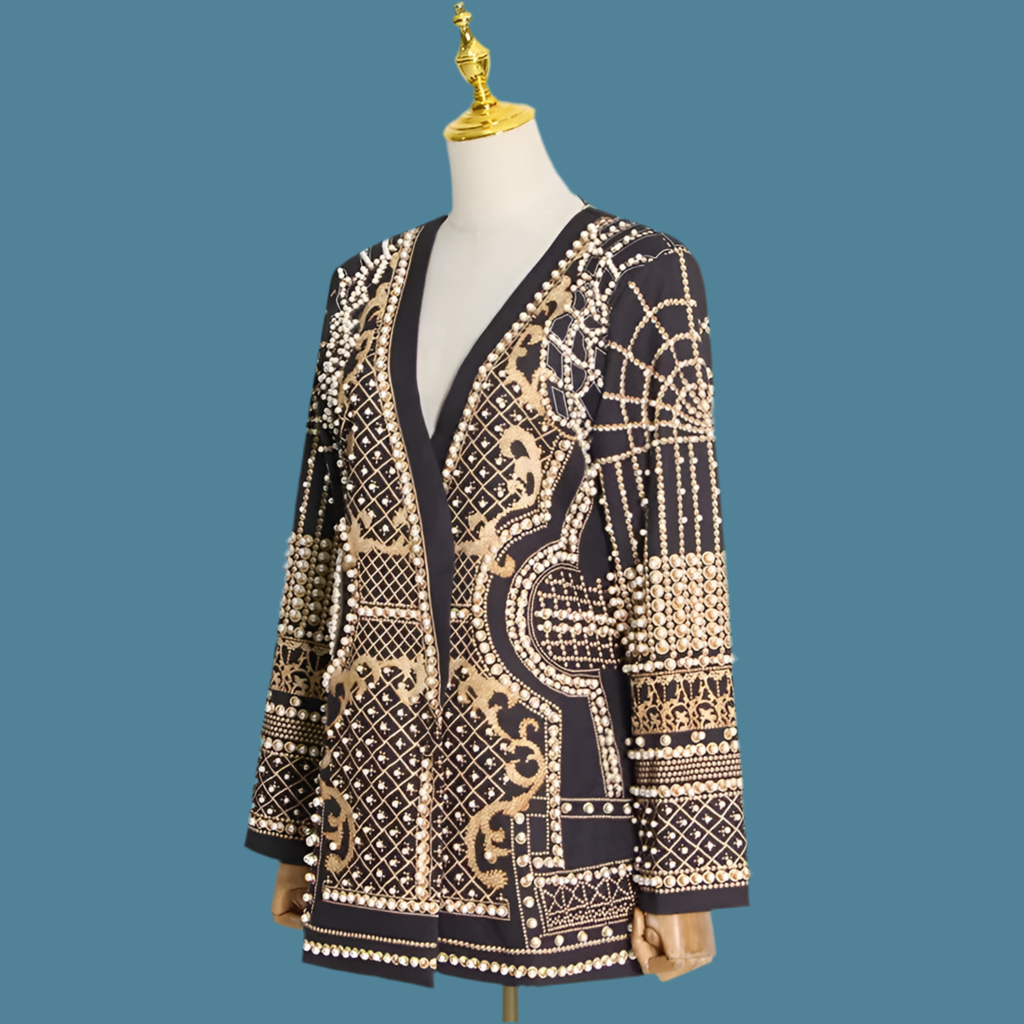 🍒Mid length coats black blazer with pearls long sleeve v- neck jacket full sleeve with with intricate embridery pearls detailing trendy classic clothes occasion clothing Celebrate Ornate