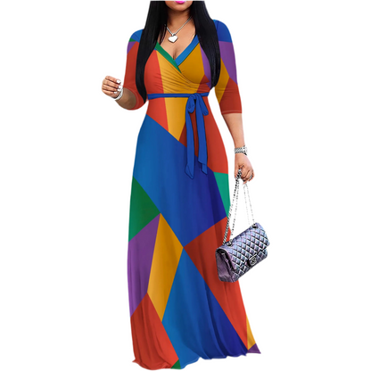 🍒Women's geo print maxi dress for beach party outfit with v- neckline tie waist and pockets casual 3 /4 Sleeve V-Neck Wrap tie waist long dress Trusty Toss-on Triangles