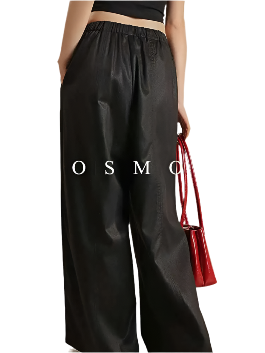 🍒Minimalism pants women wide leg high waisted elasticated trousers solid colour bottoms with pockets design versatile casual clothing Simple Style