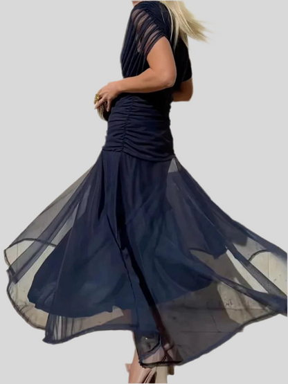 🍒Spring summer printed v-neck mesh off-shoulder dress versatile party outfits for vacation and weddings smart casual chiffon evening dress for women solid feminine clothing Off The Charts Off Shoulder