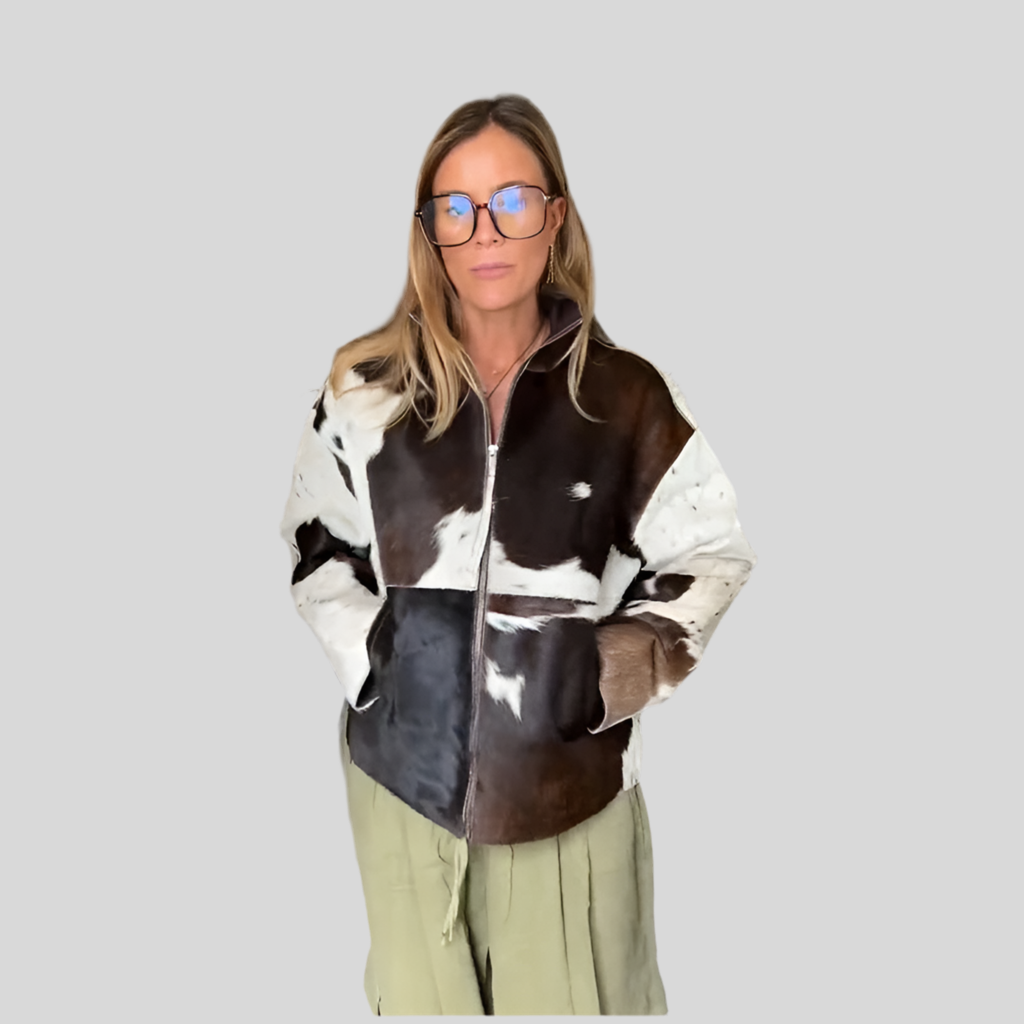 🍒Women's cow print Jacket with lapel collar short zipper coat for smart casual female outerwear  Warm    Milk (it) A Cow