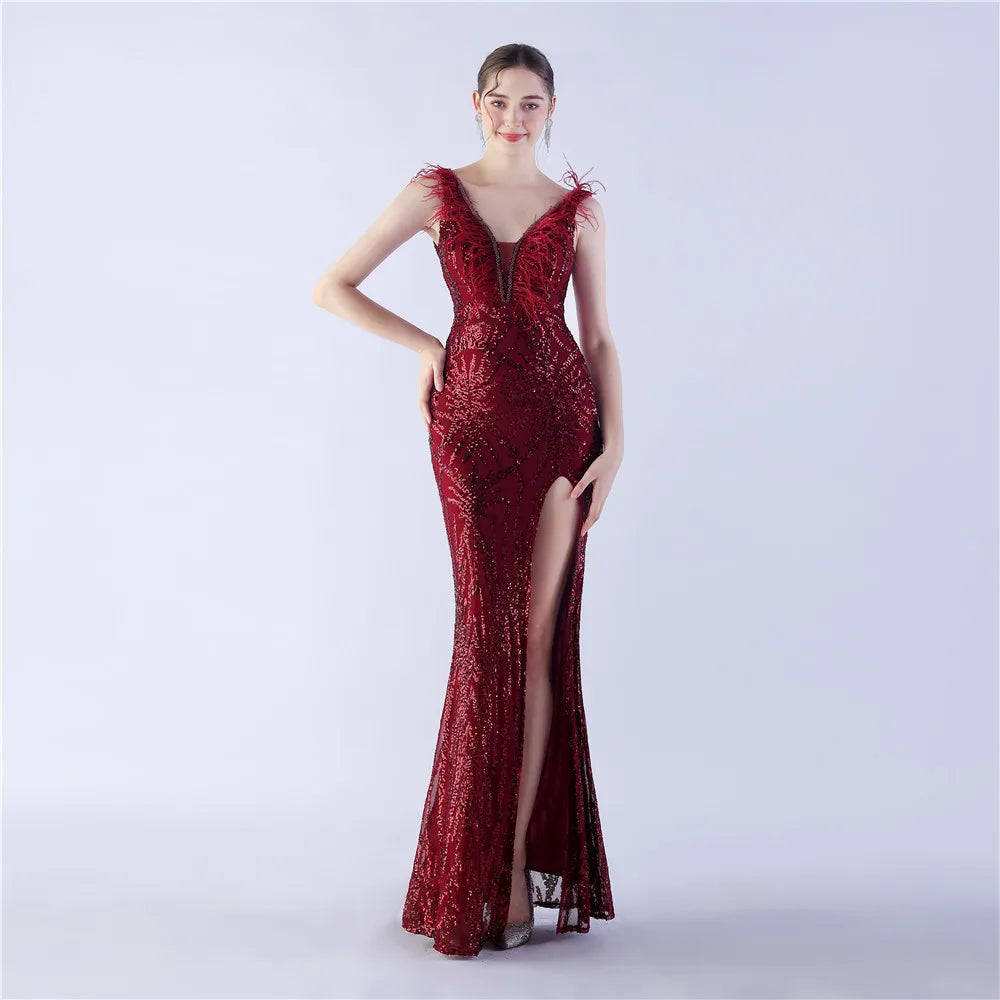 🍒Beaded evening dress v neck sleeveless feather decorated occasion wear party outfit with side slit high-end maxi Work It In Your Bead Work