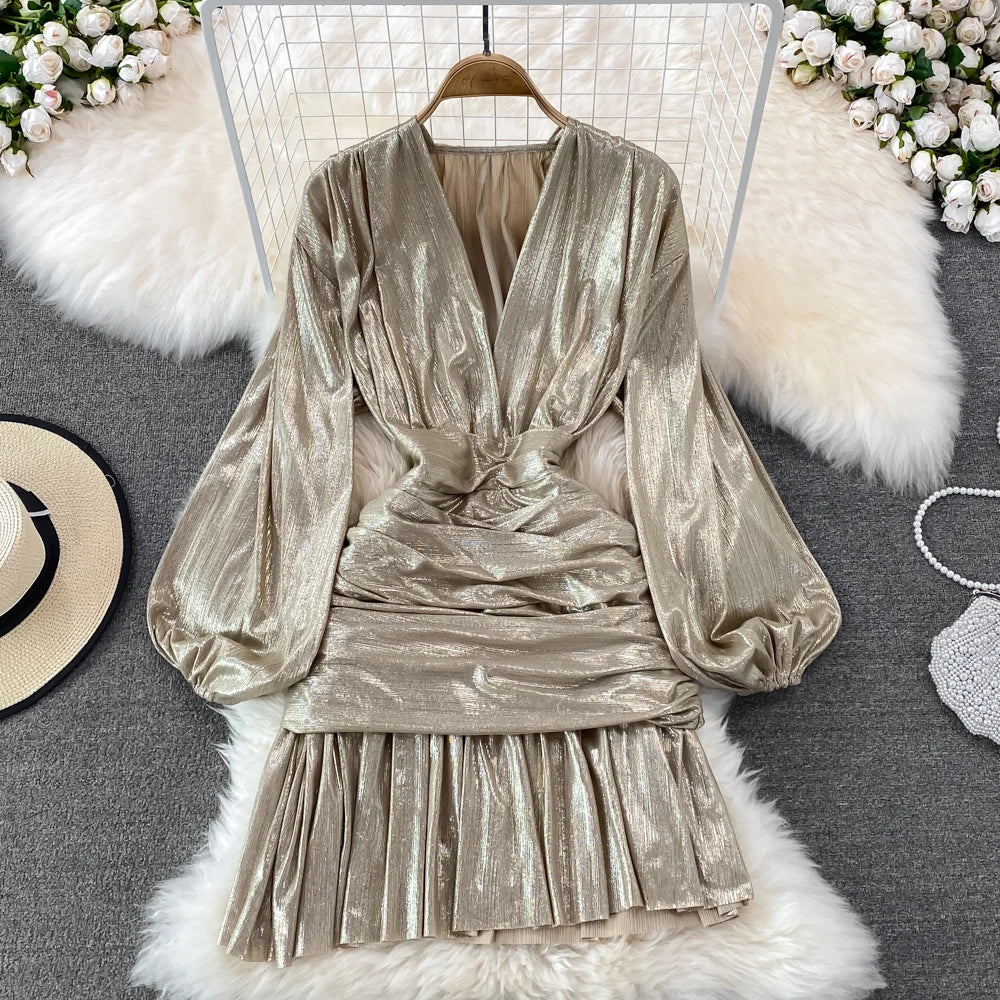 🍒Womens spring summer fashion dress shiny material v -neck lantern sleeve pleated occasion outfit hip wrap clothing party wear Super Sensual Satin