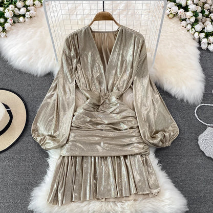 🍒Womens spring summer fashion dress shiny material v -neck lantern sleeve pleated occasion outfit hip wrap clothing party wear Super Sensual Satin