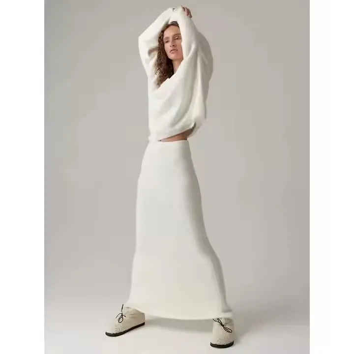 🍒Sweater 2 Pieces sets winter casual outfits warm autumn maxi a-line skirt and v- neck knitted long sleeve jumper women