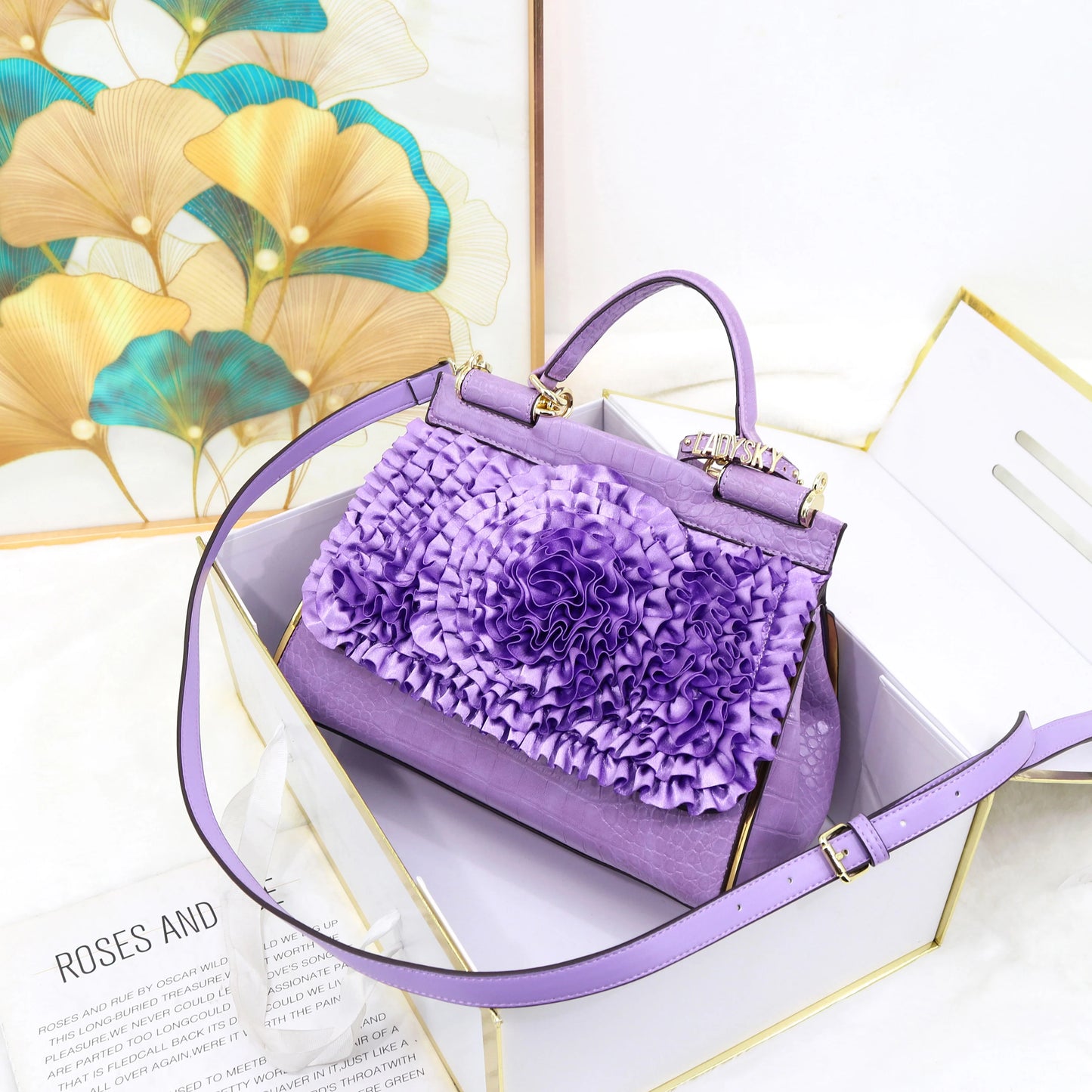 🍒3D foral handbag women fashion ladies bag luxury crossbody handbag crocodile elegant occasion accessory lotus leaf flower bag female bag with grab handle 30 cm Rose Gold