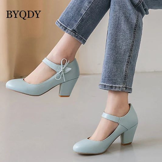🍒Womens pumps 7cm high thick block heels round toe mary Janes shoes wedding dress footwear office shoes ladies ankle strap heels with bows