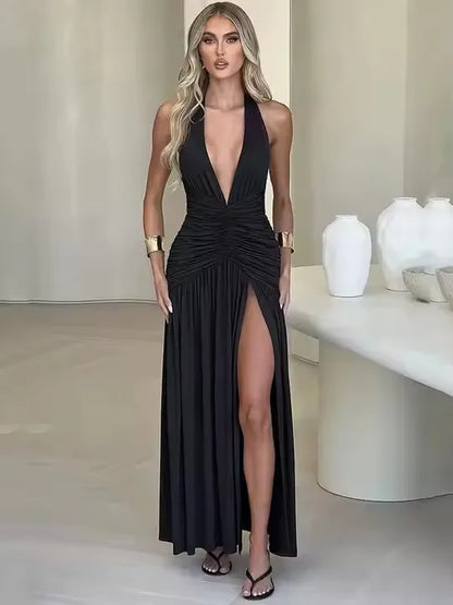 🍒backless sleeveless dress halter V-neck elegant maxi high slit womens fashion party occasion wear