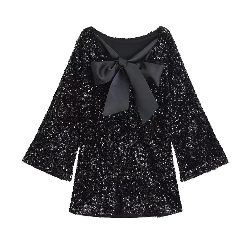 🍒Women's bow front dress sequin outfit for occasion retro long sleeve female party wear Mini dress with wide sleeves.