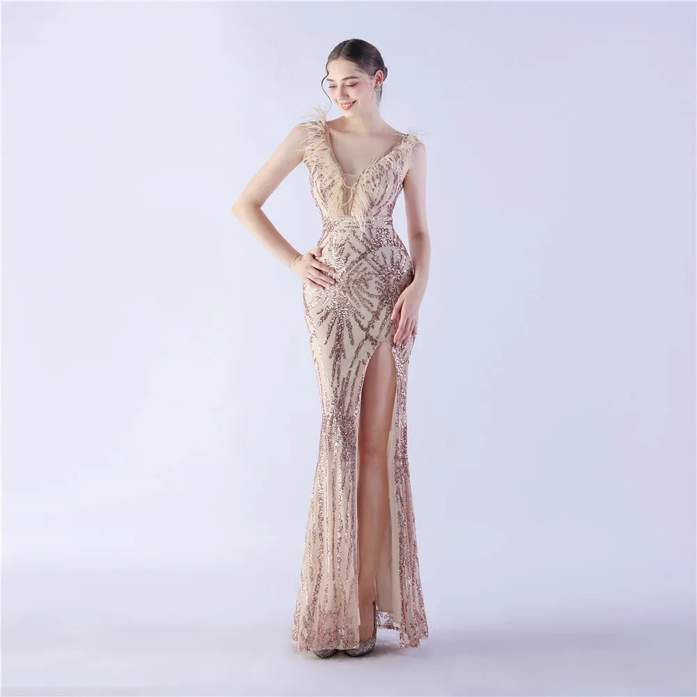 🍒Beaded evening dress v neck sleeveless feather decorated occasion wear party outfit with side slit high-end maxi Work It In Your Bead Work